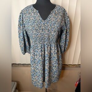 Sweet Magnolia Mini Dress Women Blue Boho Cottage Core Peasant Floral Size Large